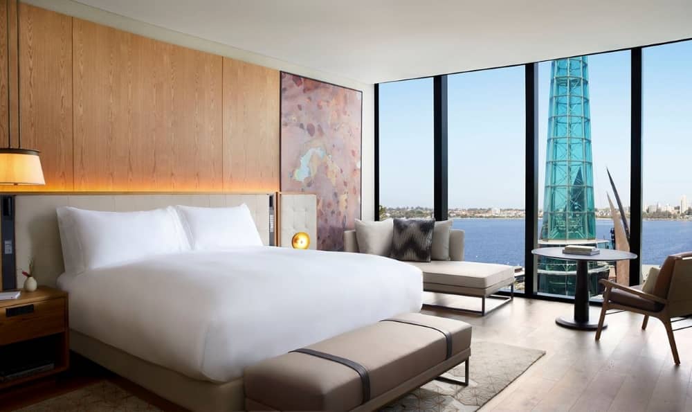 Guest rooms and suites with a view of the Swan River.