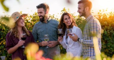 Group of friends enjoying a wine tasting trip.